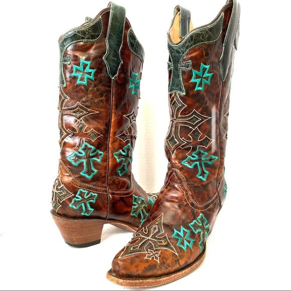 Corral Shoes - CORRAL  Whiskey/Turquoise Three Cross Vamp and Tube Snip Toe Cowgirl Boo…